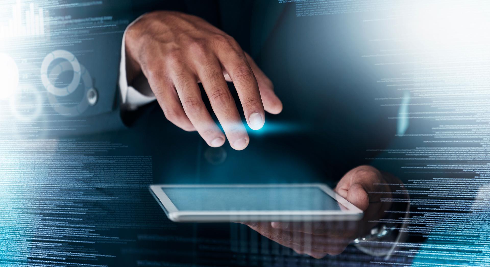 Digital overlay, tablet and business hands with information technology innovation, big data and cybersecurity software system. Ai futuristic, coding or software development corporate hand typing code
